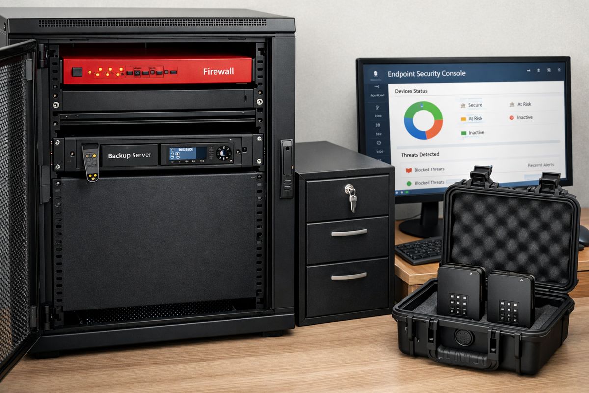 A secure server cabinet in a small office with a firewall appliance, a rack-mounted backup unit, a hardware authentication key, and a managed endpoint protection console on a nearby screen, alongside a locked filing cabinet and encrypted external backup drives stored in a separate offsite case