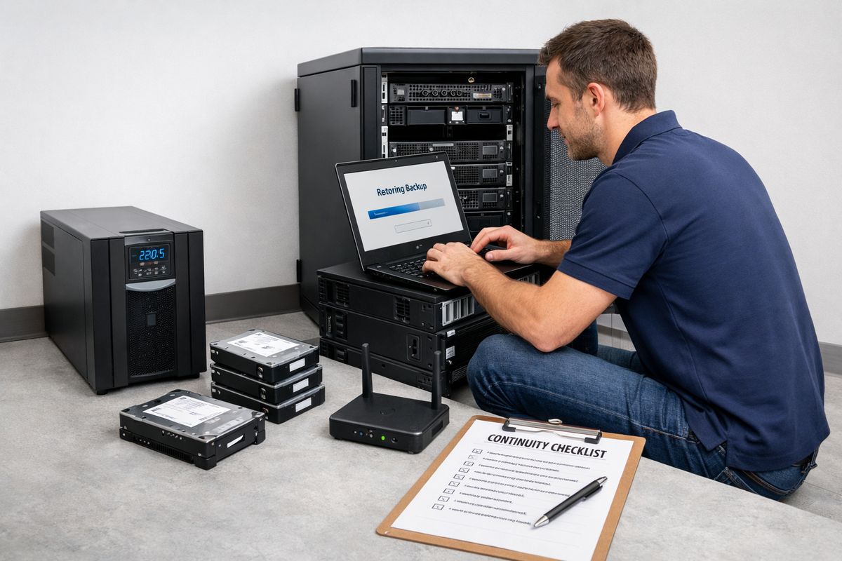 A technician restoring files from a backup system onto a replacement server in a small equipment room, with an uninterruptible power supply, spare hard drives, a wireless hotspot, and a printed continuity checklist laid out next to a closed network cabinet after a storm