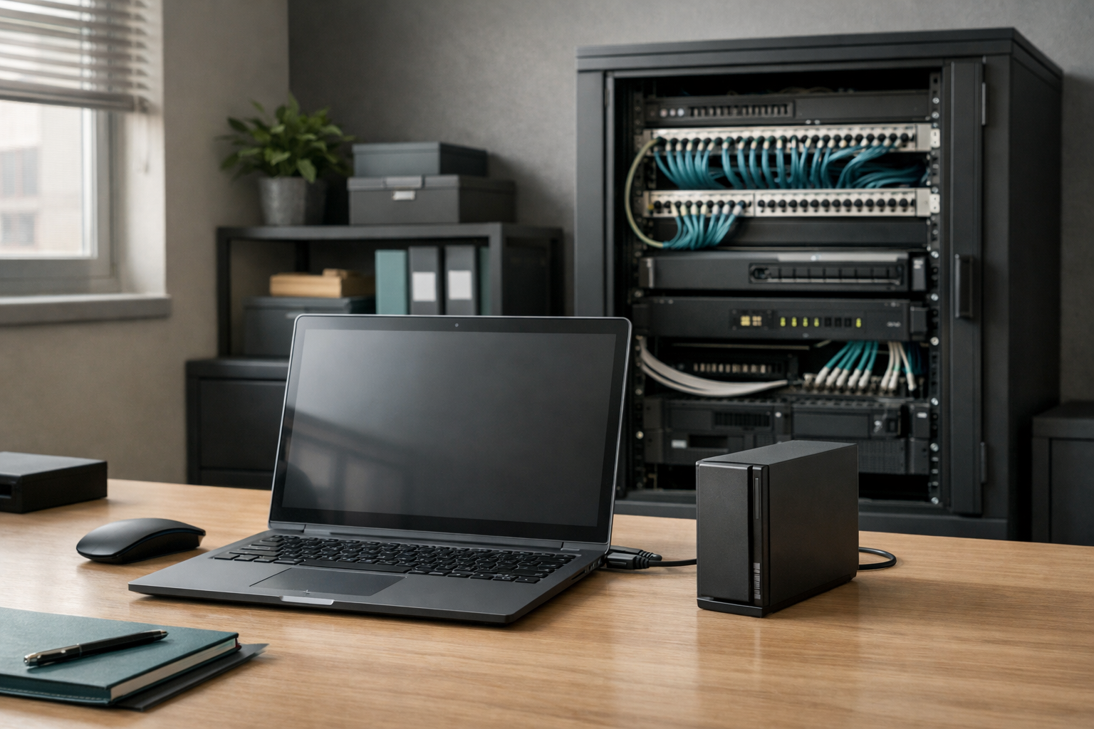Laptop, backup drive, and network equipment in a small-business office