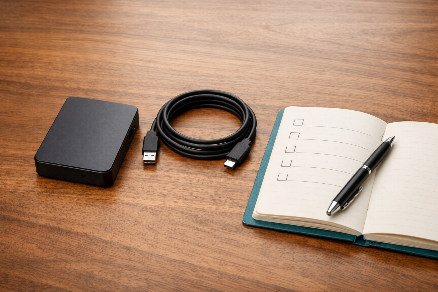 Unplugged external backup drive beside a separate USB cable and planning notebook